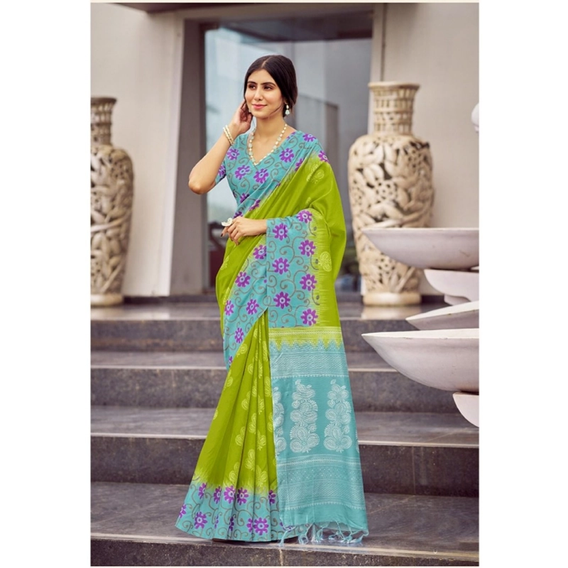 Women's Cotton Blend Printed Saree With Unstitched Blouse (Green, 5-5 Mtrs)