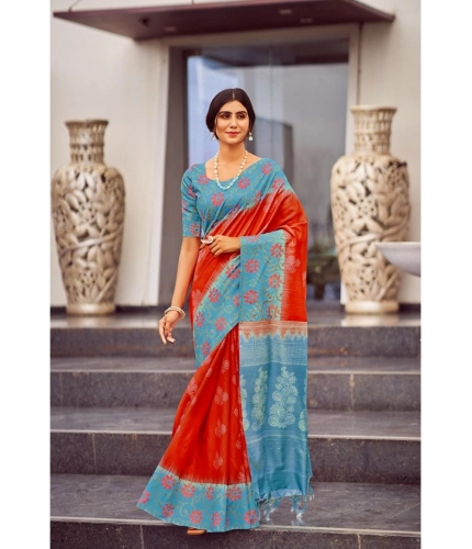 Generic Women's Cotton Blend Printed Saree With Unstitched Blouse (Red, 5-5 Mtrs)