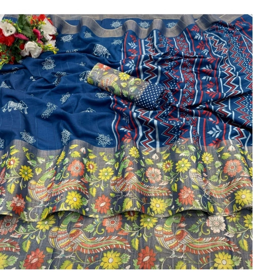 Generic Women's Silk Blend Printed Saree With Unstitched Blouse (Blue, 5-5 Mtrs)