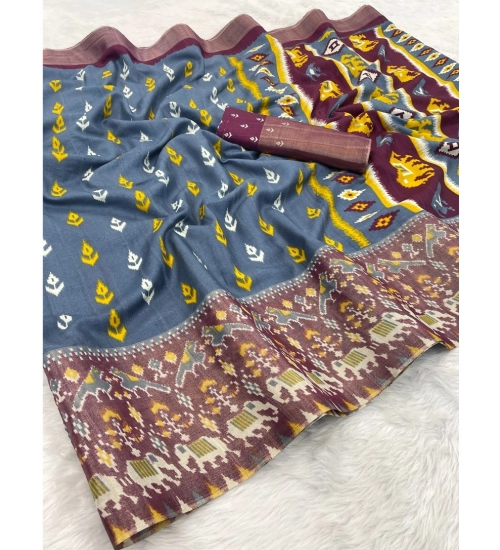 Generic Women's Silk Blend Printed Saree With Unstitched Blouse (Grey, 5-5 Mtrs)