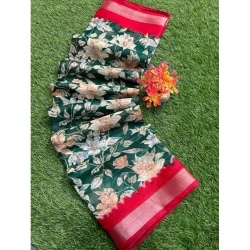 Generic Women's linen Printed Saree With Unstitched Blouse (Green, 5-5 Mtrs)