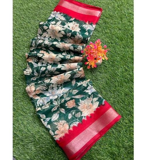 Generic Women's linen Printed Saree With Unstitched Blouse (Green, 5-5 Mtrs)