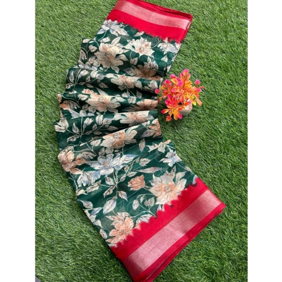 Generic Women's linen Printed Saree With Unstitched Blouse (Green, 5-5 Mtrs)