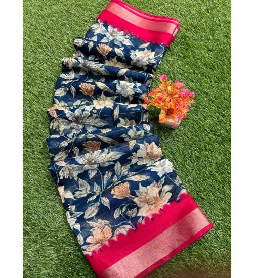 Generic Women's linen Printed Saree With Unstitched Blouse (Teal, 5-5 Mtrs)