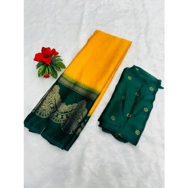 Women's Chiffon Printed Saree With Unstitched Blouse (Yellow, 5-5 Mtrs)
