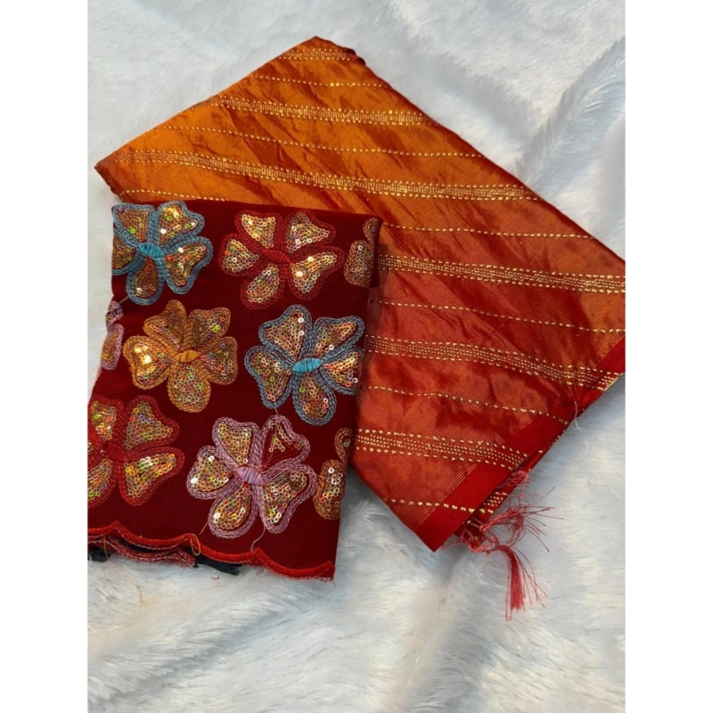 Women's Chiffon Printed Saree With Unstitched Blouse (Orange, 5-5 Mtrs)