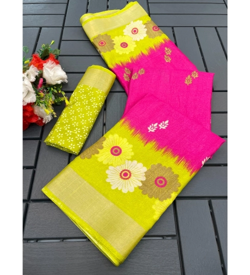 Generic Women's Cotton Blend Printed Saree With Unstitched Blouse (Pink, 5-5 Mtrs)