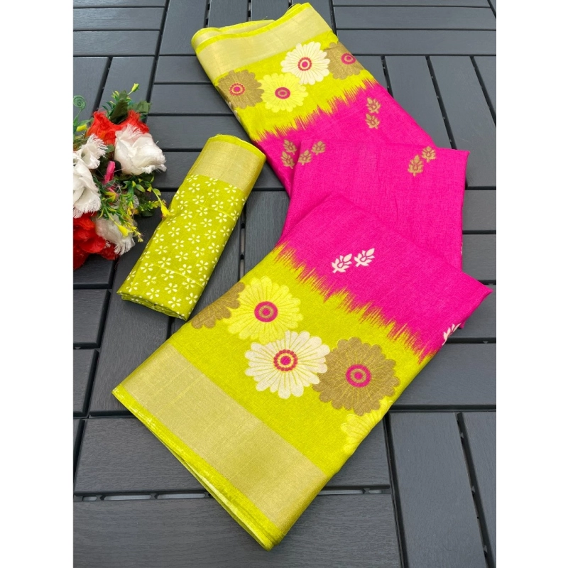 Women's Cotton Blend Printed Saree With Unstitched Blouse (Pink, 5-5 Mtrs)