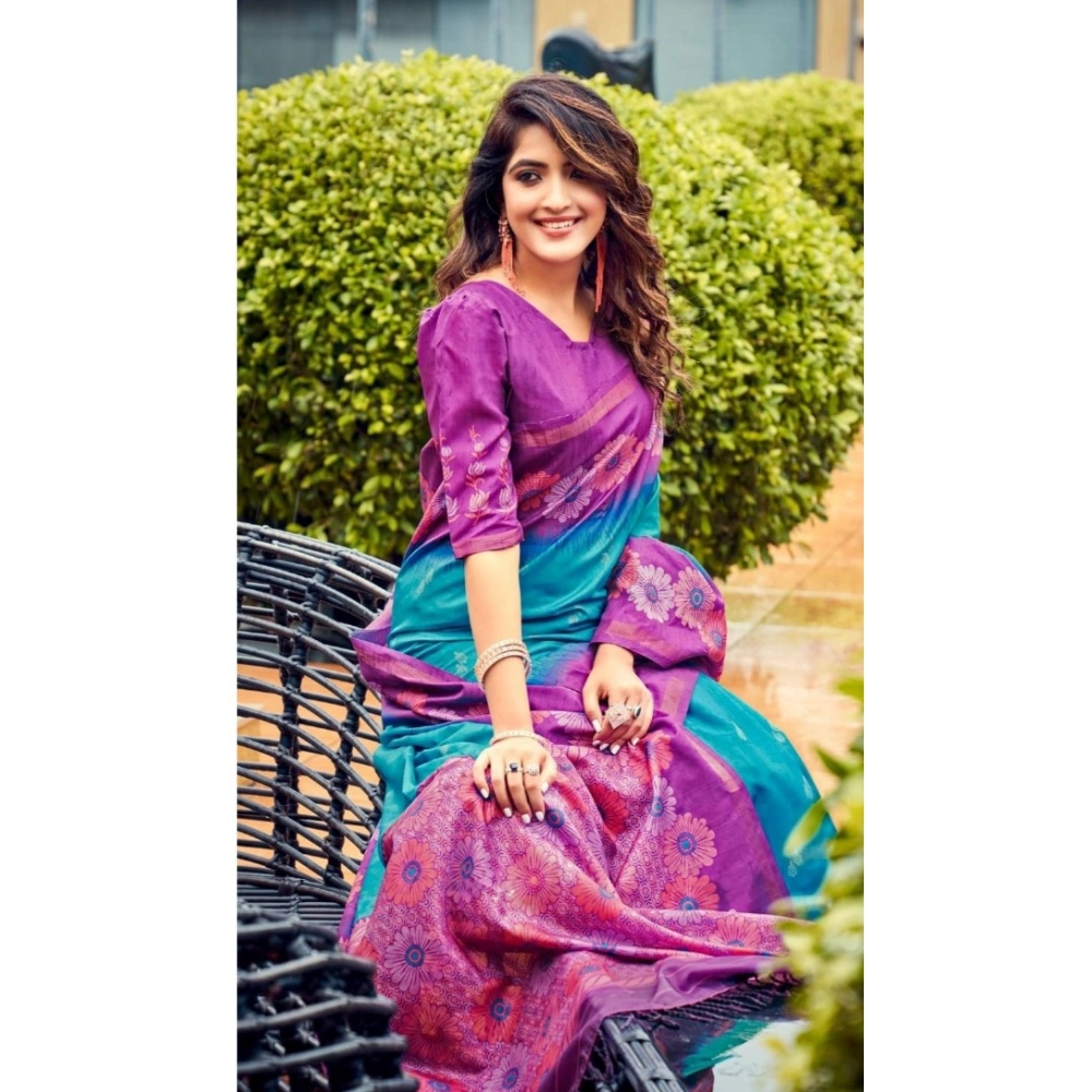 Generic Women's Cotton Blend Printed Saree With Unstitched Blouse (Light Blue, 5-5 Mtrs)