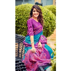 Generic Women's Cotton Blend Printed Saree With Unstitched Blouse (Light Blue, 5-5 Mtrs)