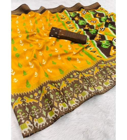 Generic Women's Silk Blend Printed Saree With Unstitched Blouse (Yellow, 5-5 Mtrs)