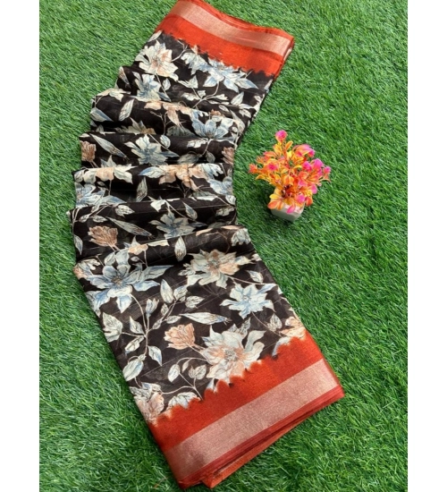 Generic Women's linen Printed Saree With Unstitched Blouse (Black, 5-5 Mtrs)