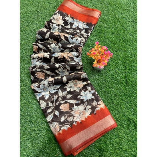 Generic Women's linen Printed Saree With Unstitched Blouse (Black, 5-5 Mtrs)