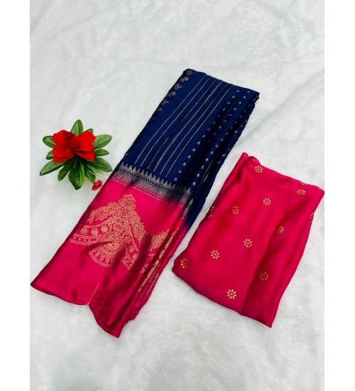 Generic Women's Chiffon Printed Saree With Unstitched Blouse (Dark Blue, 5-5 Mtrs)