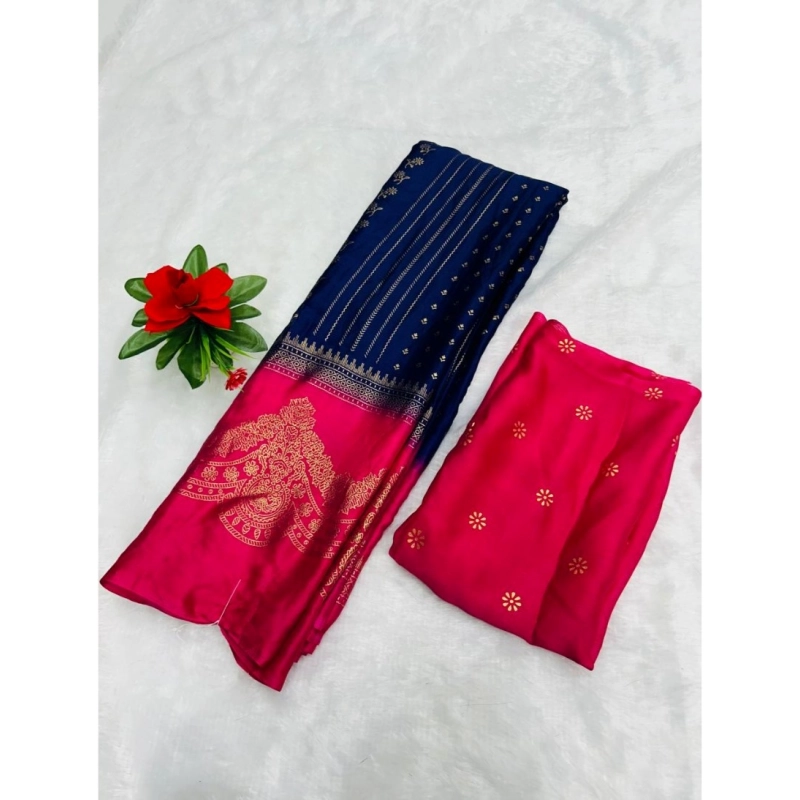 Women's Chiffon Printed Saree With Unstitched Blouse (Dark Blue, 5-5 Mtrs)