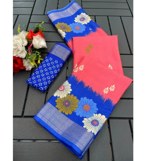 Generic Women's Cotton Blend Printed Saree With Unstitched Blouse (Maroon, 5-5 Mtrs)