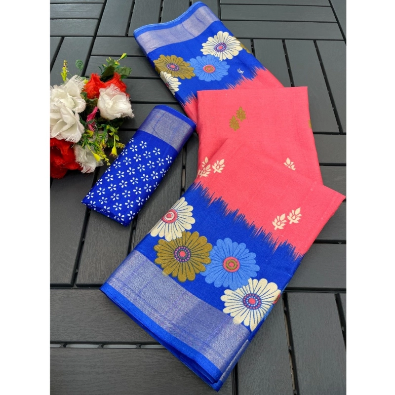 Women's Cotton Blend Printed Saree With Unstitched Blouse (Maroon, 5-5 Mtrs)