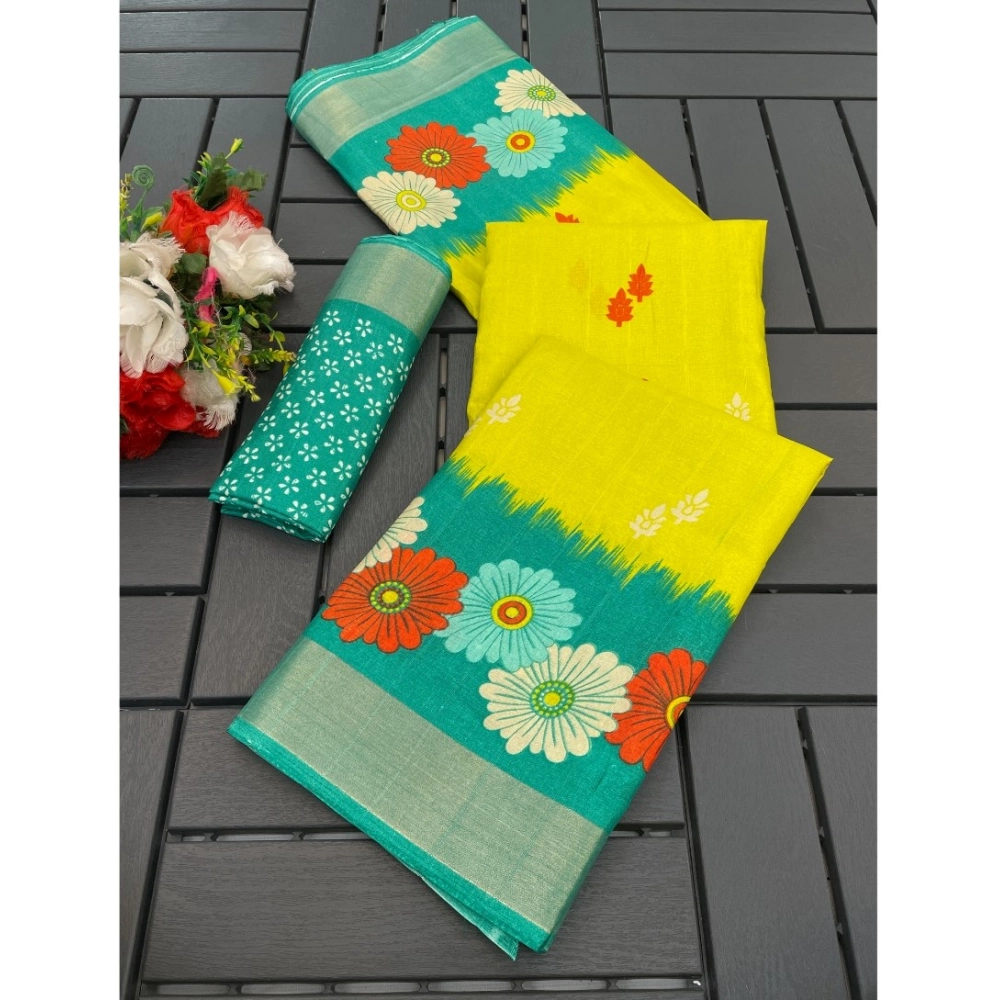 Generic Women's Cotton Blend Printed Saree With Unstitched Blouse (Yellow, 5-5 Mtrs)