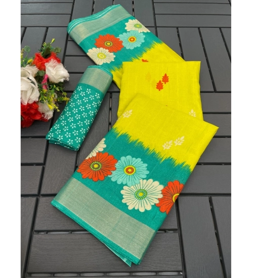 Generic Women's Cotton Blend Printed Saree With Unstitched Blouse (Yellow, 5-5 Mtrs)
