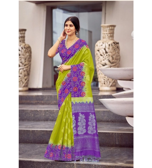 Generic Women's Cotton Blend Printed Saree With Unstitched Blouse (Mehendi, 5-5 Mtrs)