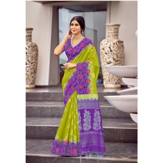 Generic Women's Cotton Blend Printed Saree With Unstitched Blouse (Mehendi, 5-5 Mtrs)