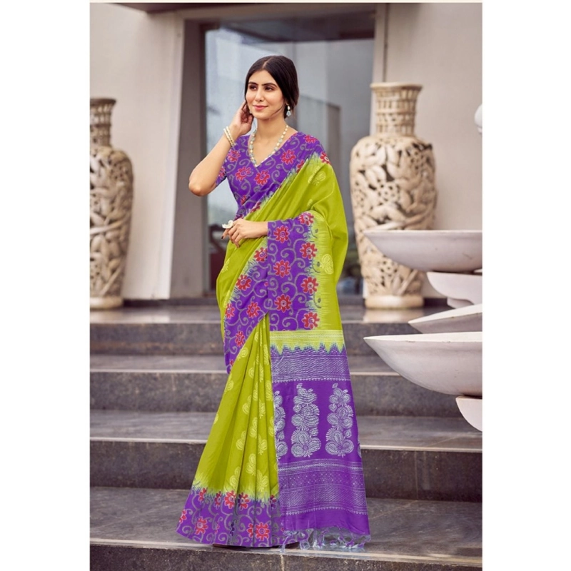 Women's Cotton Blend Printed Saree With Unstitched Blouse (Mehendi, 5-5 Mtrs)