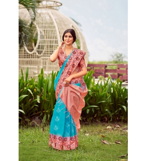 Generic Women's Cotton Blend Printed Saree With Unstitched Blouse (Skyblue, 5-5 Mtrs)