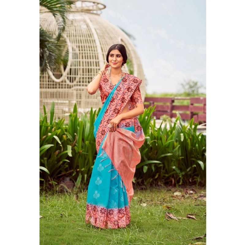 Women's Cotton Blend Printed Saree With Unstitched Blouse (Skyblue, 5-5 Mtrs)