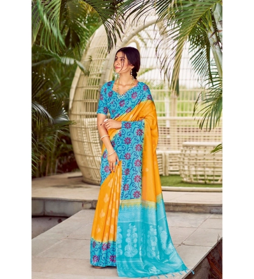 Generic Women's Cotton Blend Printed Saree With Unstitched Blouse (Yellow, 5-5 Mtrs)