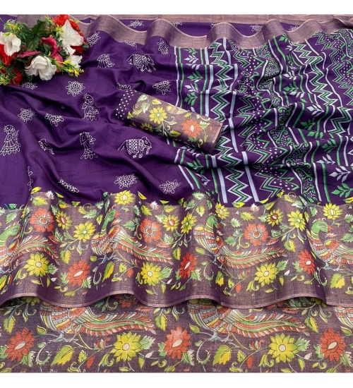 Generic Women's Silk Blend Printed Saree With Unstitched Blouse (Purple, 5-5 Mtrs)