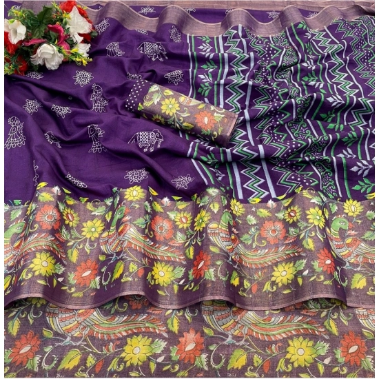 Generic Women's Silk Blend Printed Saree With Unstitched Blouse (Purple, 5-5 Mtrs)