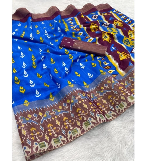 Generic Women's Silk Blend Printed Saree With Unstitched Blouse (Blue, 5-5 Mtrs)