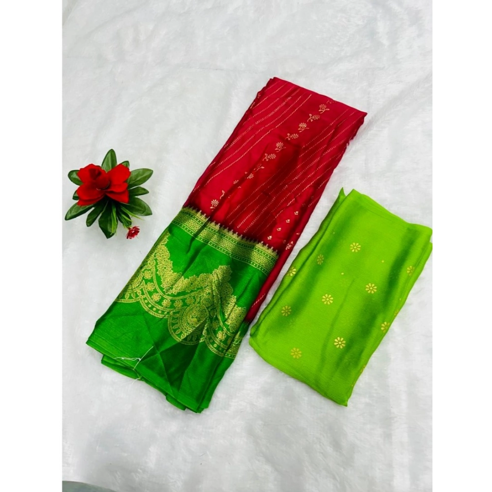 Generic Women's Chiffon Printed Saree With Unstitched Blouse (Red, 5-5 Mtrs)