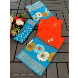 Generic Women's Cotton Blend Printed Saree With Unstitched Blouse (Red, 5-5 Mtrs)