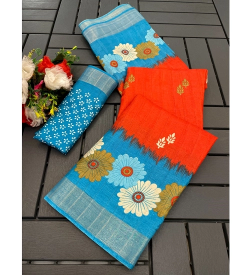 Generic Women's Cotton Blend Printed Saree With Unstitched Blouse (Red, 5-5 Mtrs)