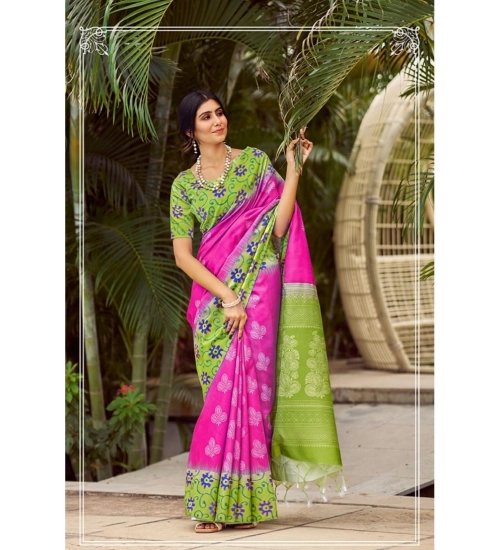 Generic Women's Cotton Blend Printed Saree With Unstitched Blouse (Pink, 5-5 Mtrs)
