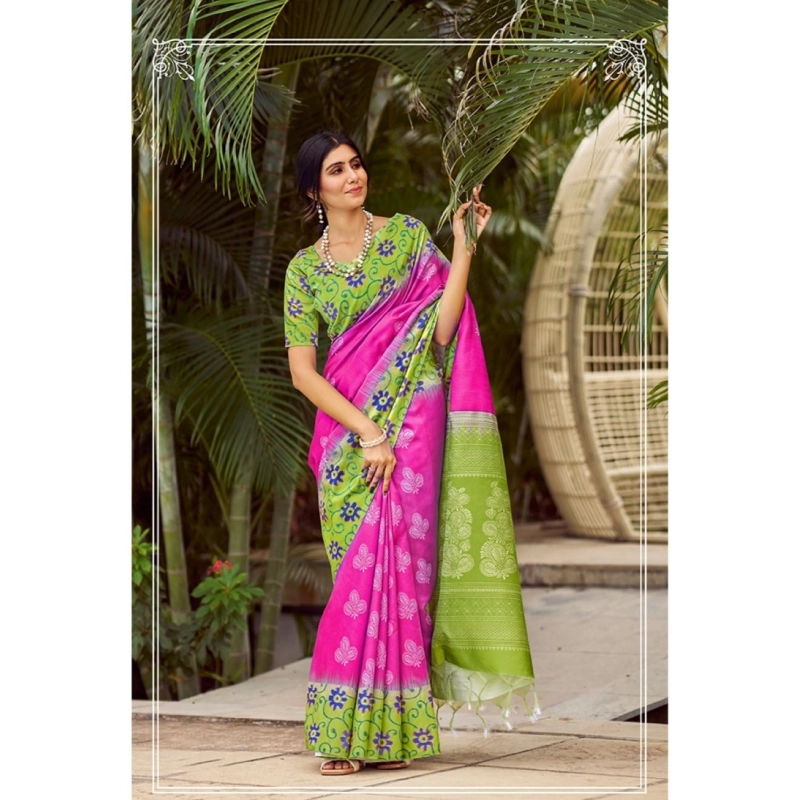 Women's Cotton Blend Printed Saree With Unstitched Blouse (Pink, 5-5 Mtrs)