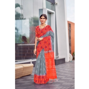 Generic Women's Cotton Blend Printed Saree With Unstitched Blouse (Grey, 5-5 Mtrs)