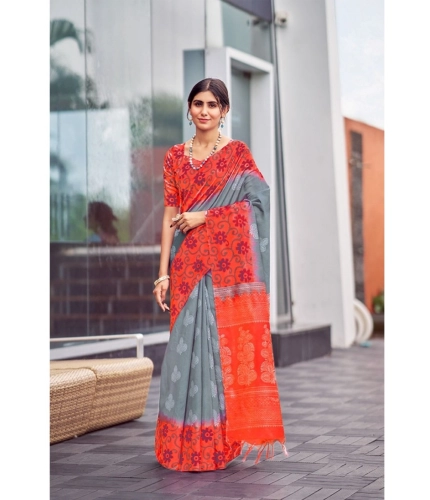 Generic Women's Cotton Blend Printed Saree With Unstitched Blouse (Grey, 5-5 Mtrs)