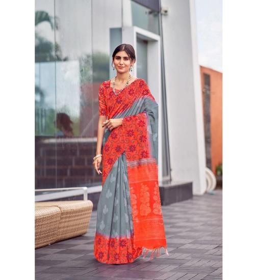 Generic Women's Cotton Blend Printed Saree With Unstitched Blouse (Grey, 5-5 Mtrs)
