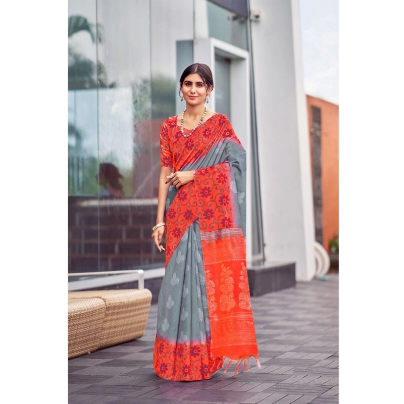 Women's Cotton Blend Printed Saree With Unstitched Blouse (Grey, 5-5 Mtrs)