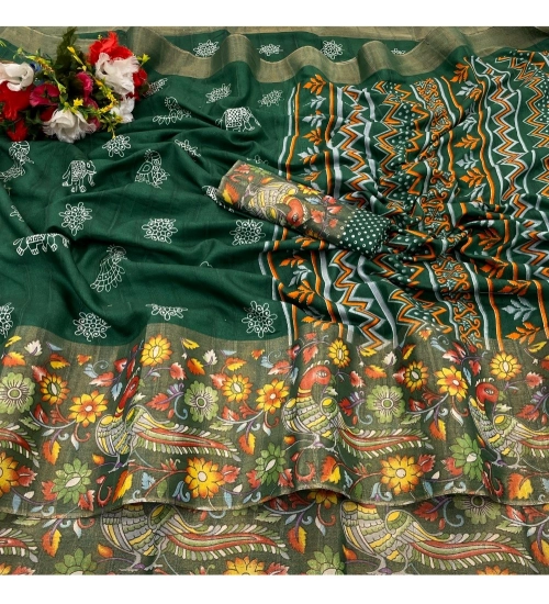 Generic Women's Silk Blend Printed Saree With Unstitched Blouse (Green, 5-5 Mtrs)