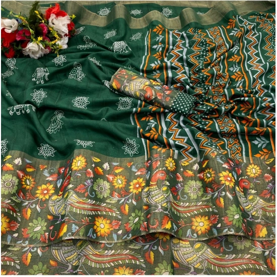 Generic Women's Silk Blend Printed Saree With Unstitched Blouse (Green, 5-5 Mtrs) Generic Women's Silk Blend Printed Saree With Unstitched Blouse (Green, 5-5 Mtrs)