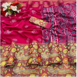Generic Women's Silk Blend Printed Saree With Unstitched Blouse (Pink, 5-5 Mtrs)