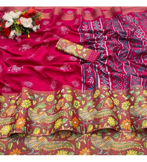 Generic Women's Silk Blend Printed Saree With Unstitched Blouse (Pink, 5-5 Mtrs)