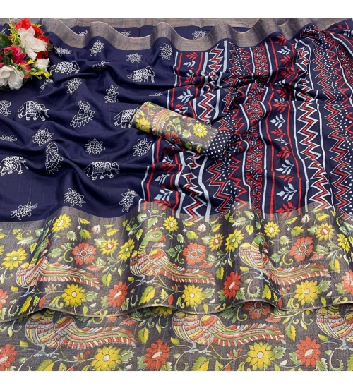 Generic Women's Silk Blend Printed Saree With Unstitched Blouse (Dark Blue, 5-5 Mtrs)