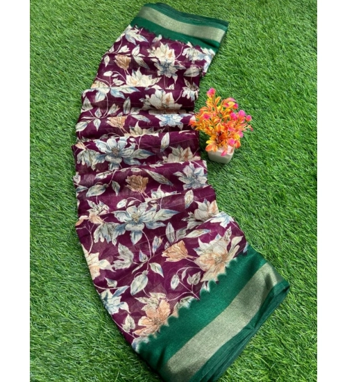 Generic Women's linen Printed Saree With Unstitched Blouse (Magenta, 5-5 Mtrs)