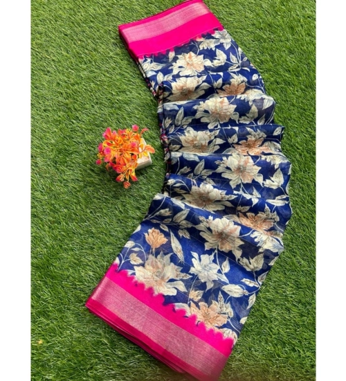 Generic Women's linen Printed Saree With Unstitched Blouse (Blue, 5-5 Mtrs)