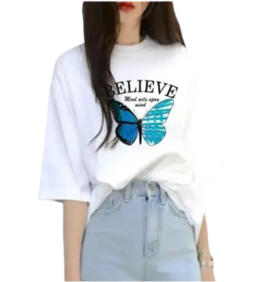 Generic Women's Lycra Printed Round Neck Short Sleeve T-Shirt (White)