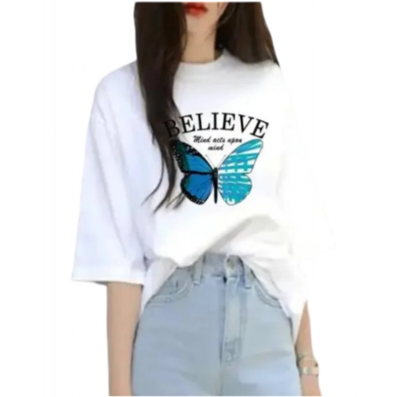 Women's Lycra Printed Round Neck Short Sleeve T-Shirt (White) Women's Lycra Printed Round Neck Short Sleeve T-Shirt (White)